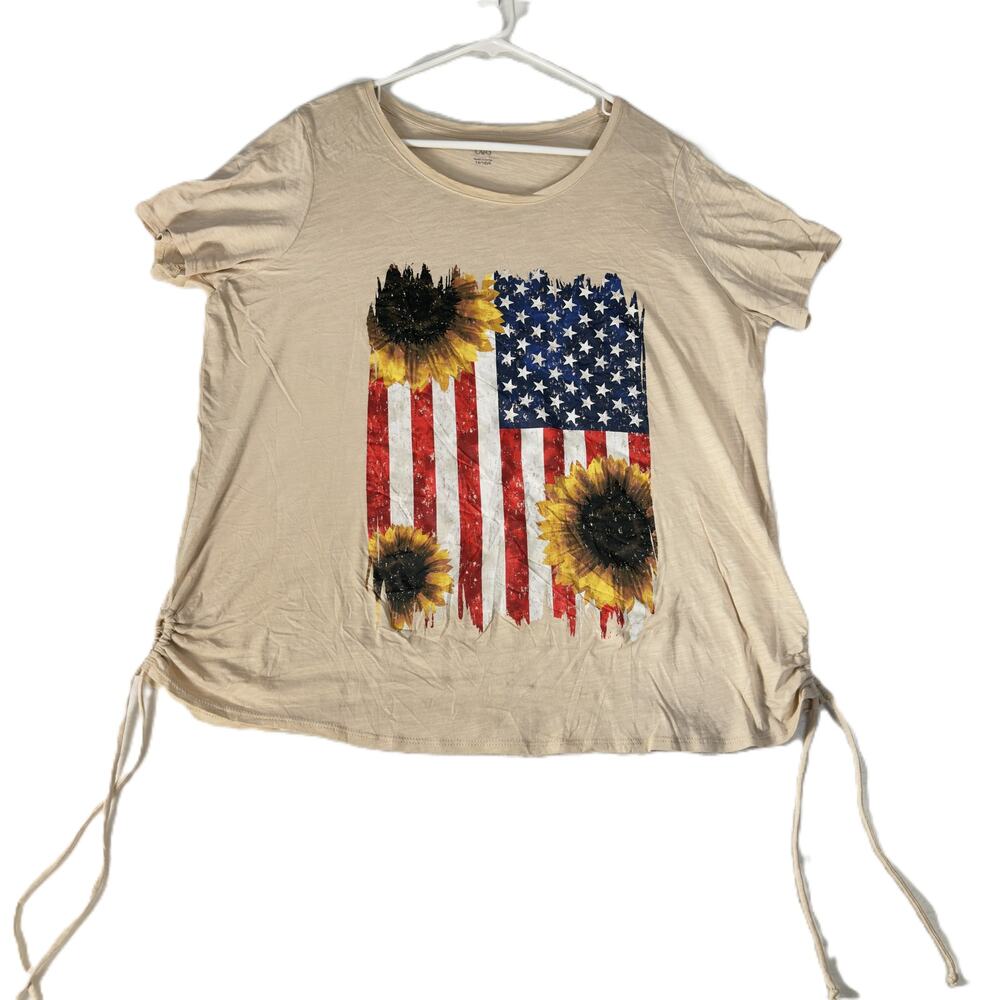Cato Cap Sleeve Top Woman's 14/16W Red White Blue Flag Print Summer BBQ USA